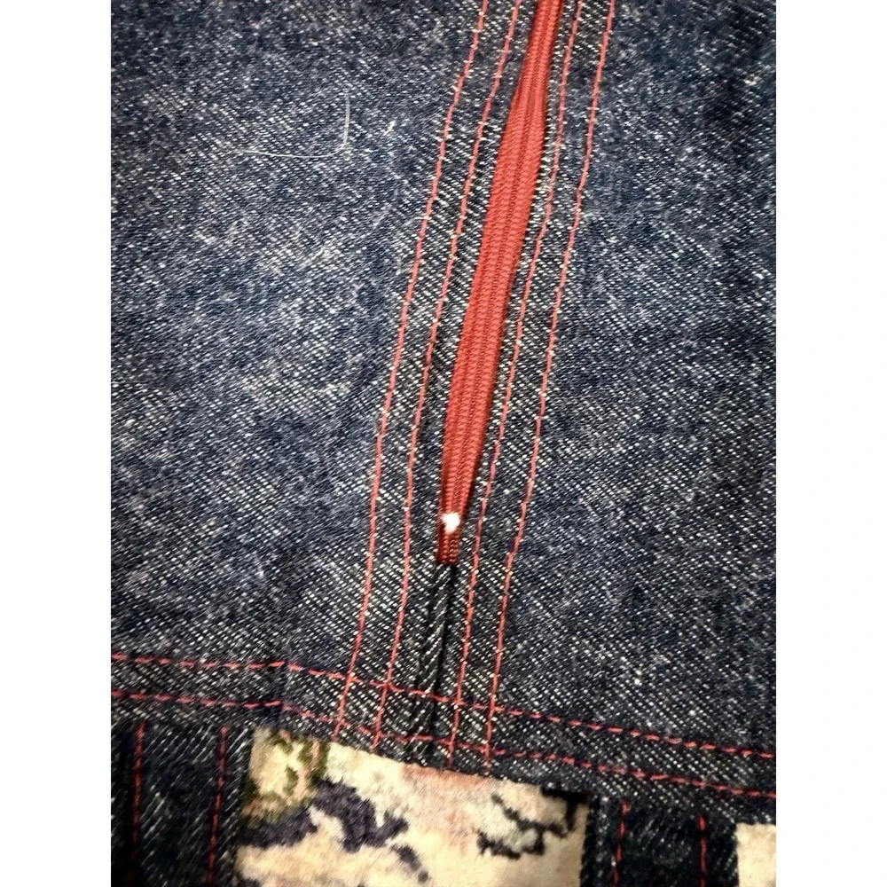 VTG 70s Denim Garment Bag Travel Suit Cover Red Zip Contrast Stitching 40x20